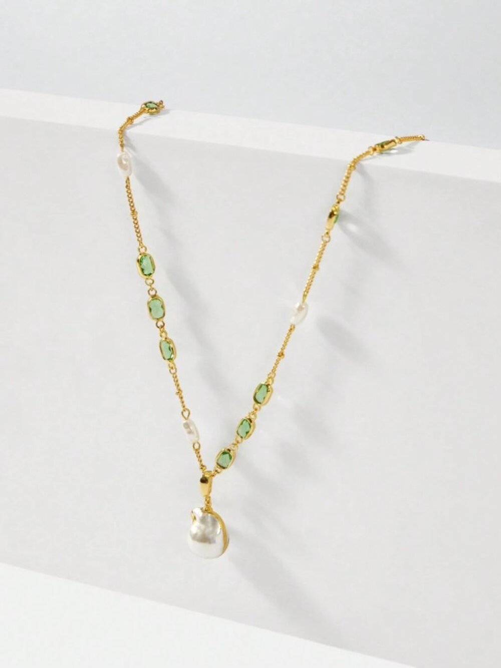 Gold Green Crystal Baroque Pearl Pendant Necklace